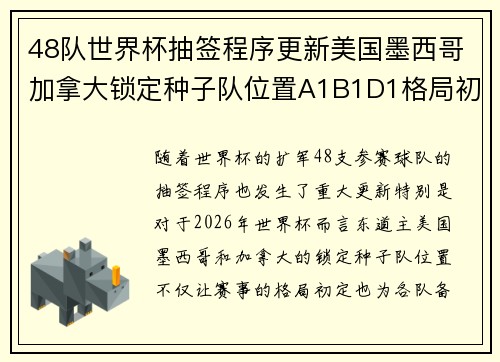 48队世界杯抽签程序更新美国墨西哥加拿大锁定种子队位置A1B1D1格局初定 48队世界杯抽签程序更新美国墨西哥加拿大锁定种子队位置A1B1D1格局初定